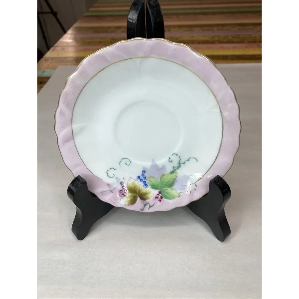 Fern Japan Hand Painted Tea Cup & Saucer Set Of 2 Strawberries Floral 4 PCs